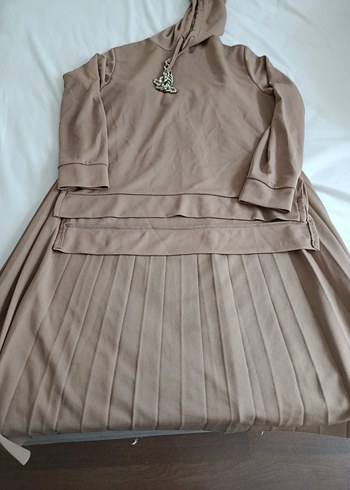 Bej Pileli Kadın Uzun Keten Etekli takım - Görsel 3