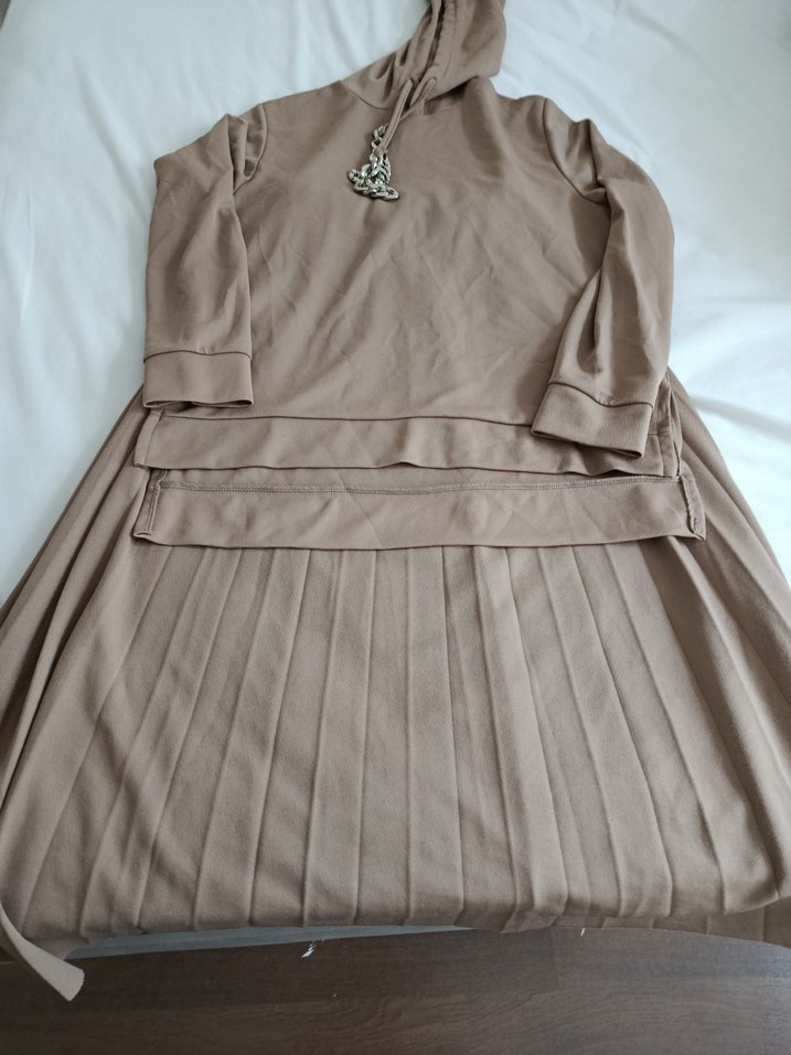 Bej Pileli Kadın Uzun Keten Etekli takım - Görsel 3