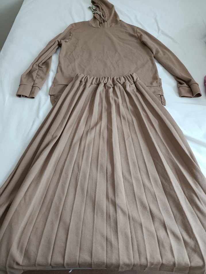 Bej Pileli Kadın Uzun Keten Etekli takım - Görsel 2