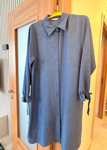 Gri Düğmeli Midi Keten Tunik - Görsel 2