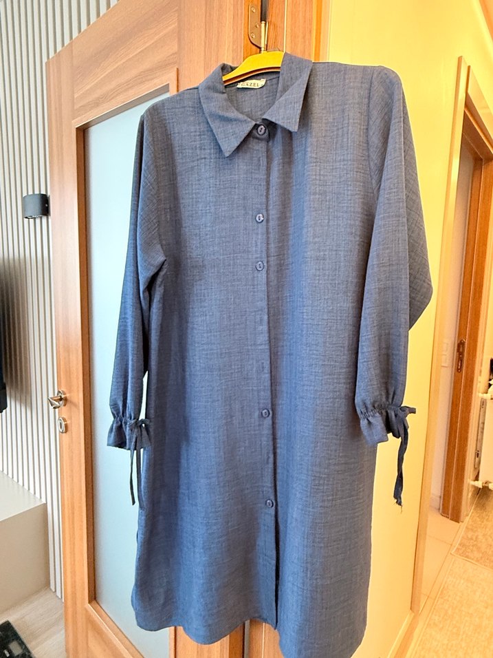 Gri Düğmeli Midi Keten Tunik - Görsel 2