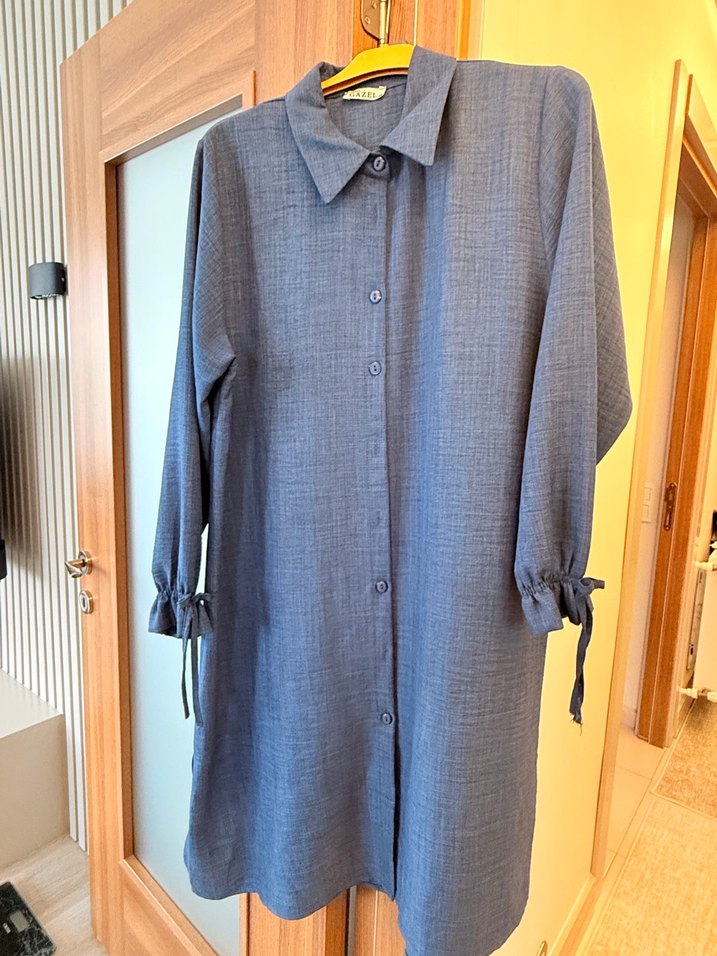 Gri Düğmeli Midi Keten Tunik - Görsel 3