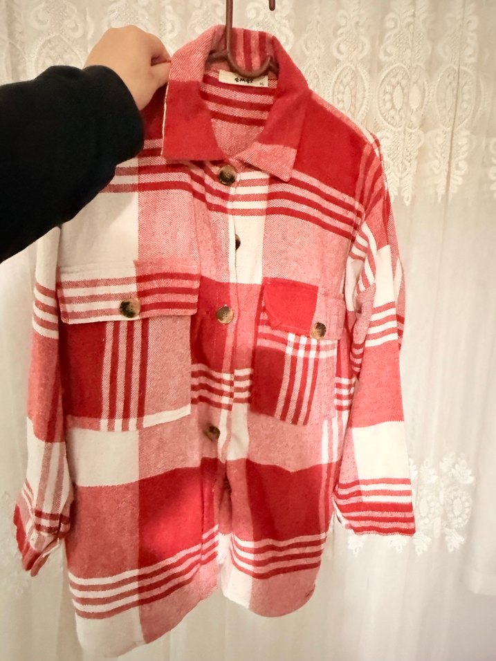 Düğmeli Kırmızı Kareli Pamuklu Kadın Gömlek - Görsel 3