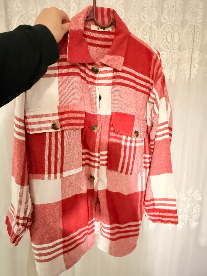 Düğmeli Kırmızı Kareli Pamuklu Kadın Gömlek - Görsel 2