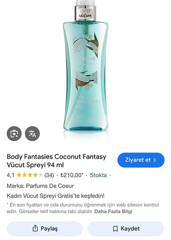 Body Fantasies Coconut Fantasy Kadın Vücut Spreyi 94ml