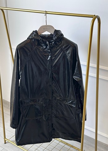 Parlak Siyah Uzun Kadın Yağmurluk - Görsel 14