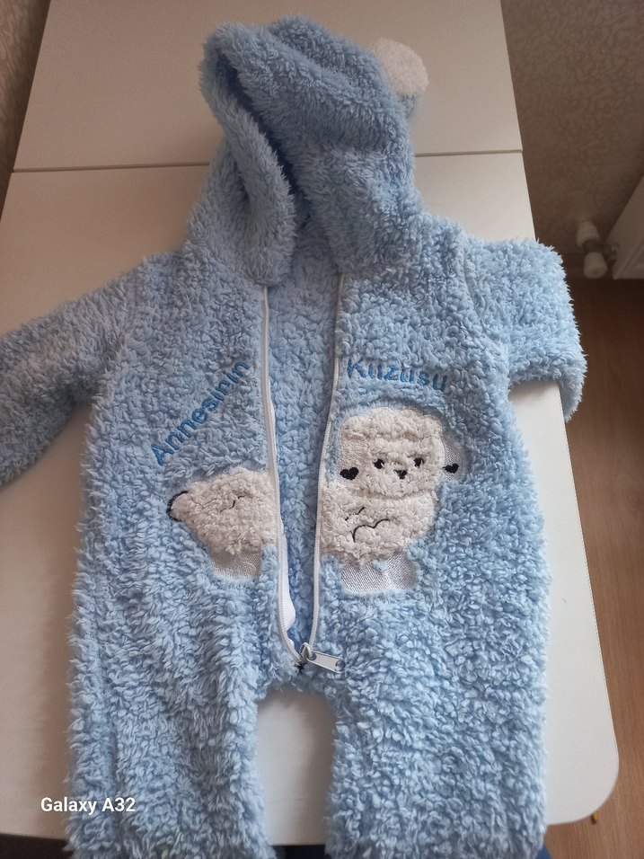 Mavi Peluş Erkek Bebek Tulumu Kulaklı - Görsel 2