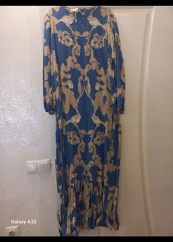 Mavi Uzun Bağlama Desenli Bohem Elbise - Görsel 2