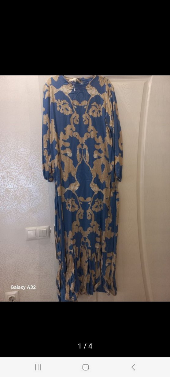 Mavi Uzun Bağlama Desenli Bohem Elbise - Görsel 2