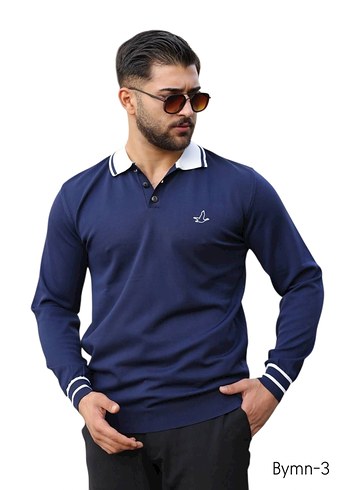 Lacivert Uzun Kollu Polo Yaka Sweatshirt