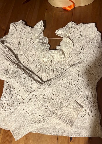 Bohem V Yakalı Nakışlı Beyaz Örgü Kazak - Görsel 7