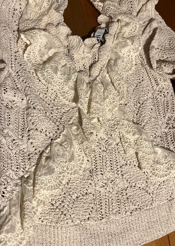 Bohem V Yakalı Nakışlı Beyaz Örgü Kazak - Görsel 2