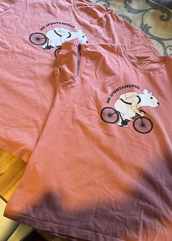 Pembe  gül kurusu Baskılı Kısa Kollu 2 tane tişört, L ve S - Görsel 6