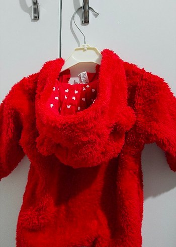 Kapüşonlu Kız Bebek Kırmızı Kürklü Tulumu - Görsel 2