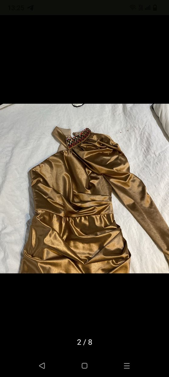 Drapeli Uzun Altın Renkli Kadın Abiye Elbise - Görsel 2