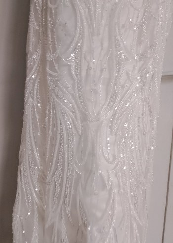 Beyaz Straplez Nakışlı Uzun Abiye Elbise - Görsel 5