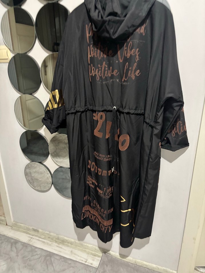 Siyah Baskılı Uzun Street Wear Kadın Ceket - Görsel 4