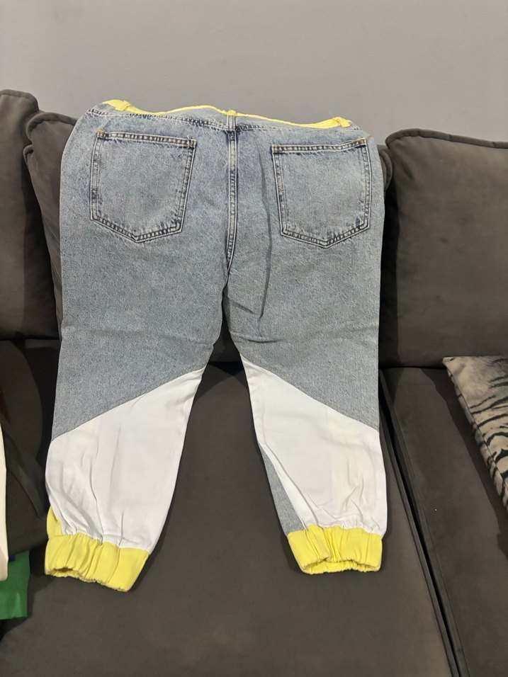 Sarı Bantlı Gri Oversize Denim Jean - Görsel 2