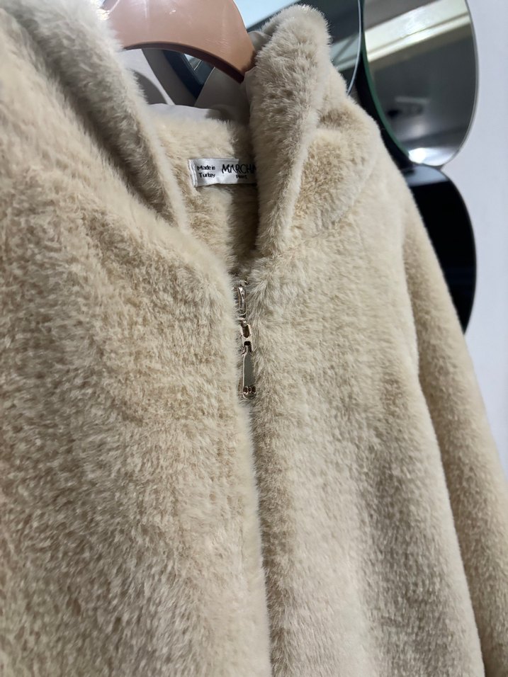 Bej Midi Peluş Kadın Kaban - Görsel 5