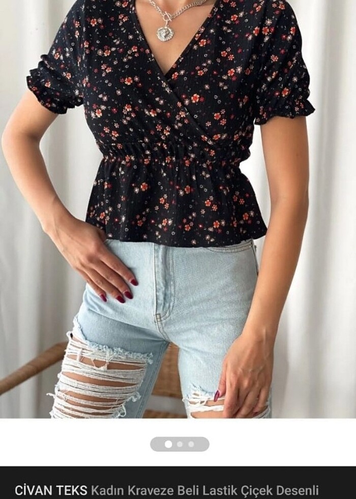 Kruvaze beli lastikli çiçekli bluz - Görsel 2