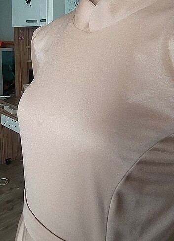 xl Beden 42 beden pudra hafif pırıltılı abiye elbise