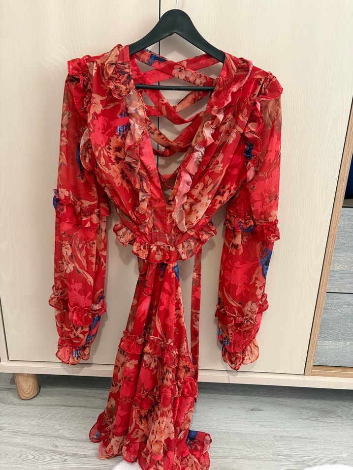 Kırmızı Çiçek Desenli Bohem Uzun Elbise - Görsel 3