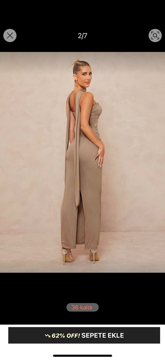 Bej Uzun Drapeli Askılı Kadın Elbise - Görsel 2