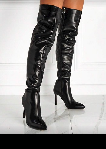 Kadın Siyah Deri Dizüstü Stiletto Çizme - Görsel 4