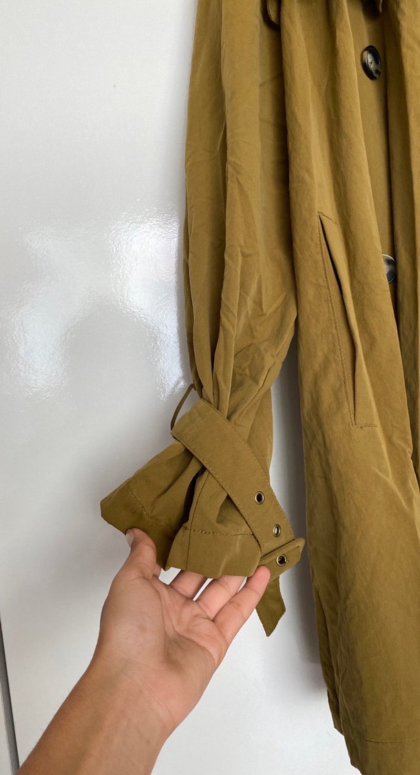 Düğmeli Bej Midi Kadın Trençkot - Görsel 3