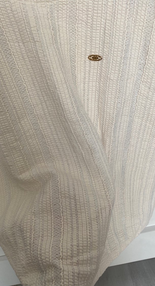 Bej Kısa Kollu Keten Örgü Bluz - Görsel 3