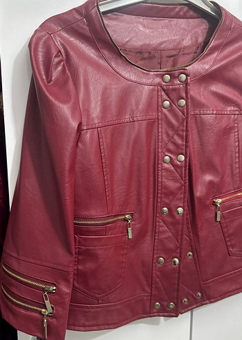 Düğmeli Bordo Deri Kadın Ceket - Görsel 2