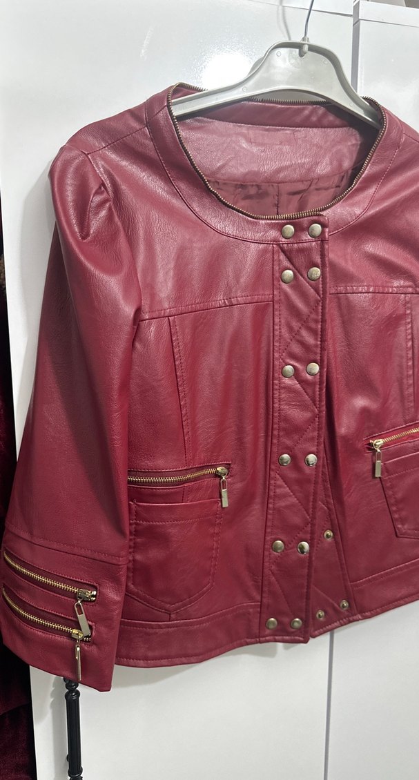Düğmeli Bordo Deri Kadın Ceket - Görsel 2