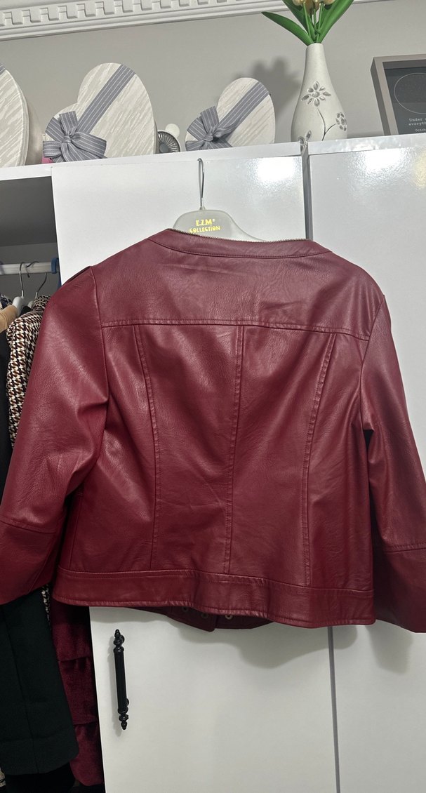 Düğmeli Bordo Deri Kadın Ceket - Görsel 3