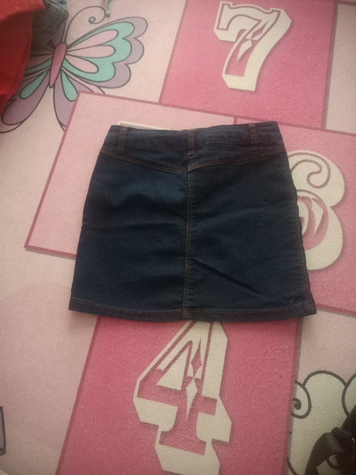 Kız Çocuk Koyu Mavi Düğmeli Kot Etek - Görsel 2