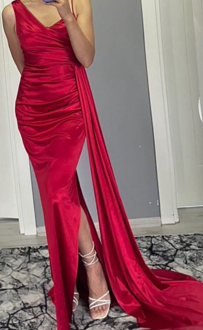 Drapeli Uzun Kırmızı Abiye Elbise - Görsel 5