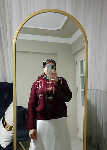 Bordo Nakışlı Triko Kadın Kazak - Görsel 3