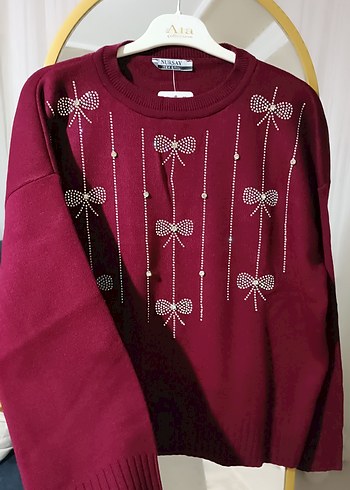 Bordo Nakışlı Triko Kadın Kazak - Görsel 2