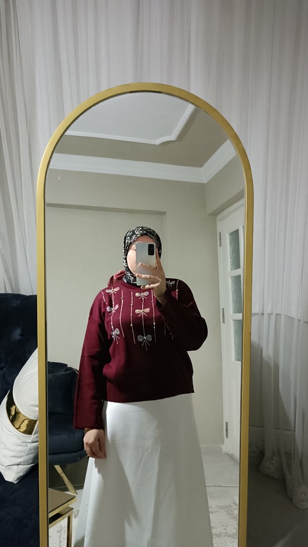 Bordo Nakışlı Triko Kadın Kazak - Görsel 3