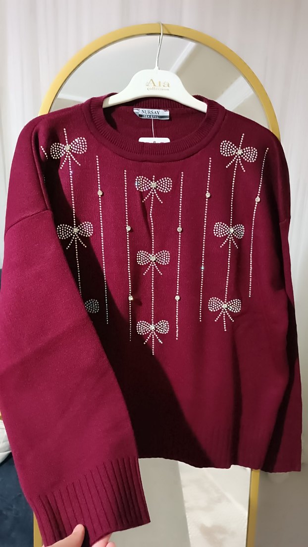 Bordo Nakışlı Triko Kadın Kazak - Görsel 2