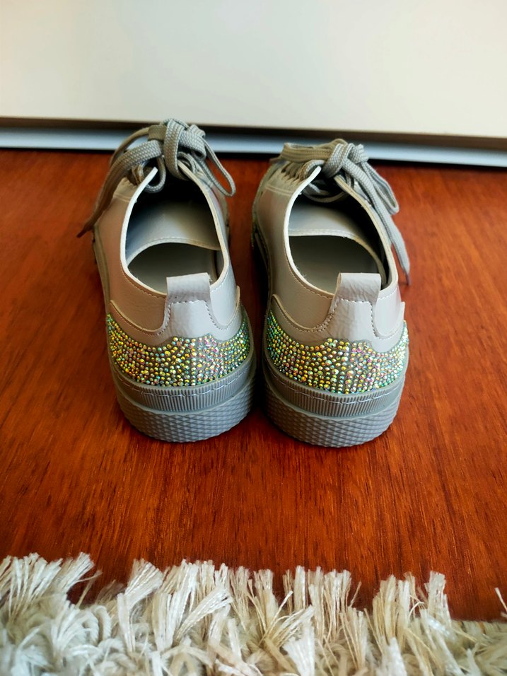 Bej Platformlu Taşlı Spor Ayakkabı - Görsel 3