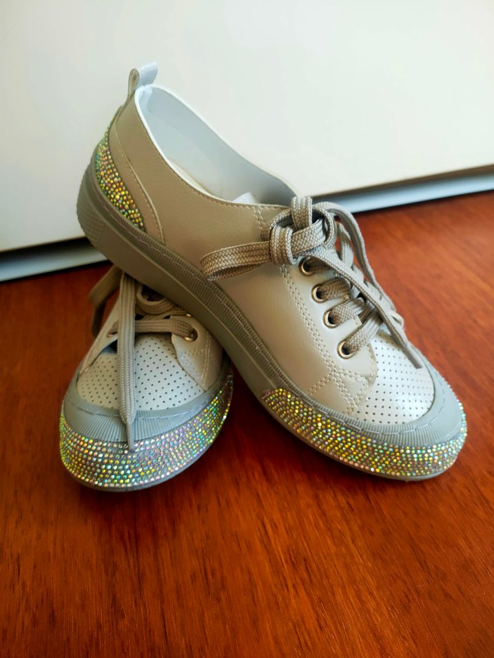 Bej Platformlu Taşlı Spor Ayakkabı - Görsel 4