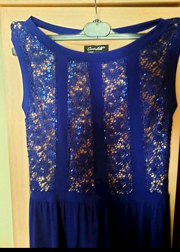 Dantel Detaylı Uzun Lacivert Abiye Elbise - Görsel 5