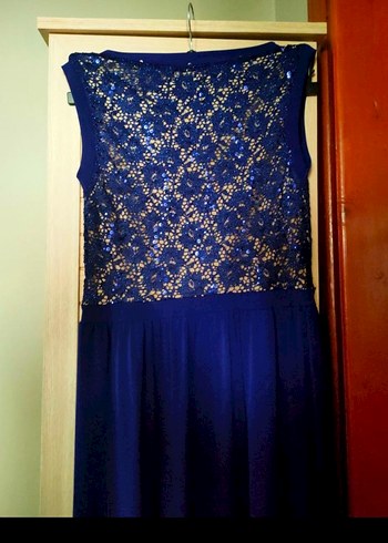 Dantel Detaylı Uzun Lacivert Abiye Elbise - Görsel 6