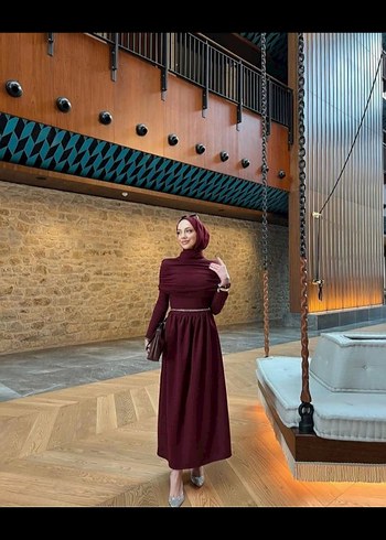 Diğer Bordo Uzun Kollu Drapeli Kadın Elbise