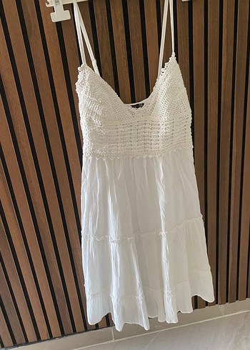 m Beden Beyaz Nakışlı Örgü Bohem Mini Elbise