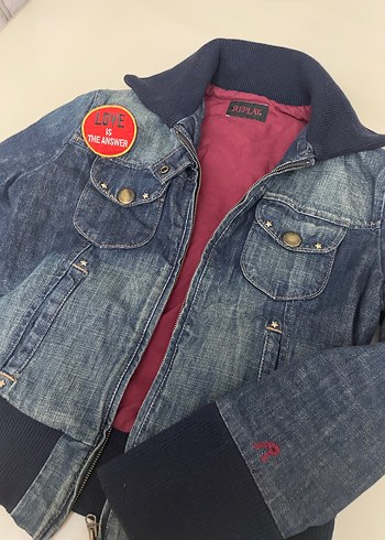 s Beden Düğmeli Koyu Mavi Kadın Denim Ceket