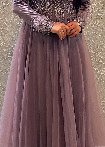 Uzun Kollu İşlemeli Mor Abiye Elbise+Şal - Görsel 3