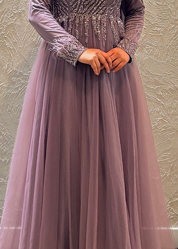 Uzun Kollu İşlemeli Mor Abiye Elbise+Şal - Görsel 2