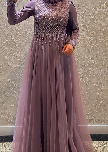 Uzun Kollu İşlemeli Mor Abiye Elbise+Şal - Görsel 4