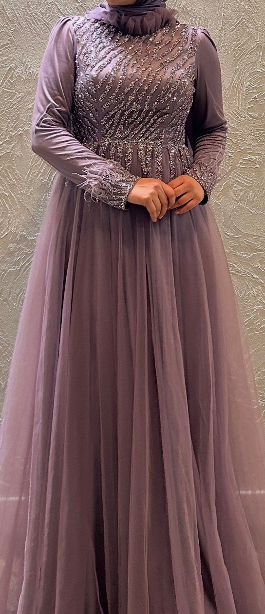 Uzun Kollu İşlemeli Mor Abiye Elbise+Şal - Görsel 3